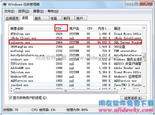 任务管理器中查看对应端口PID的应用程序名图示