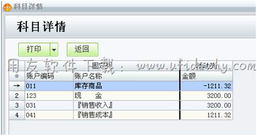 在用友T1进销存软件中查看会计科目详情图示