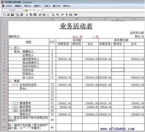 用友T3软件民间非盈利组织的业务活动表模板下载（带公式）