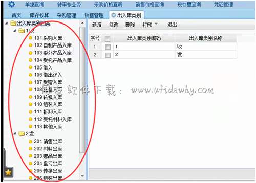 用友T+进销存管理软件出入库类别操作界面图示